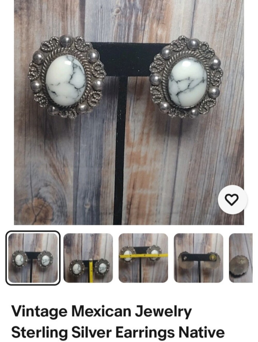 White Howlite 925 Sterling Silver Stud Earrings Vintage Handcrafted In Mexico